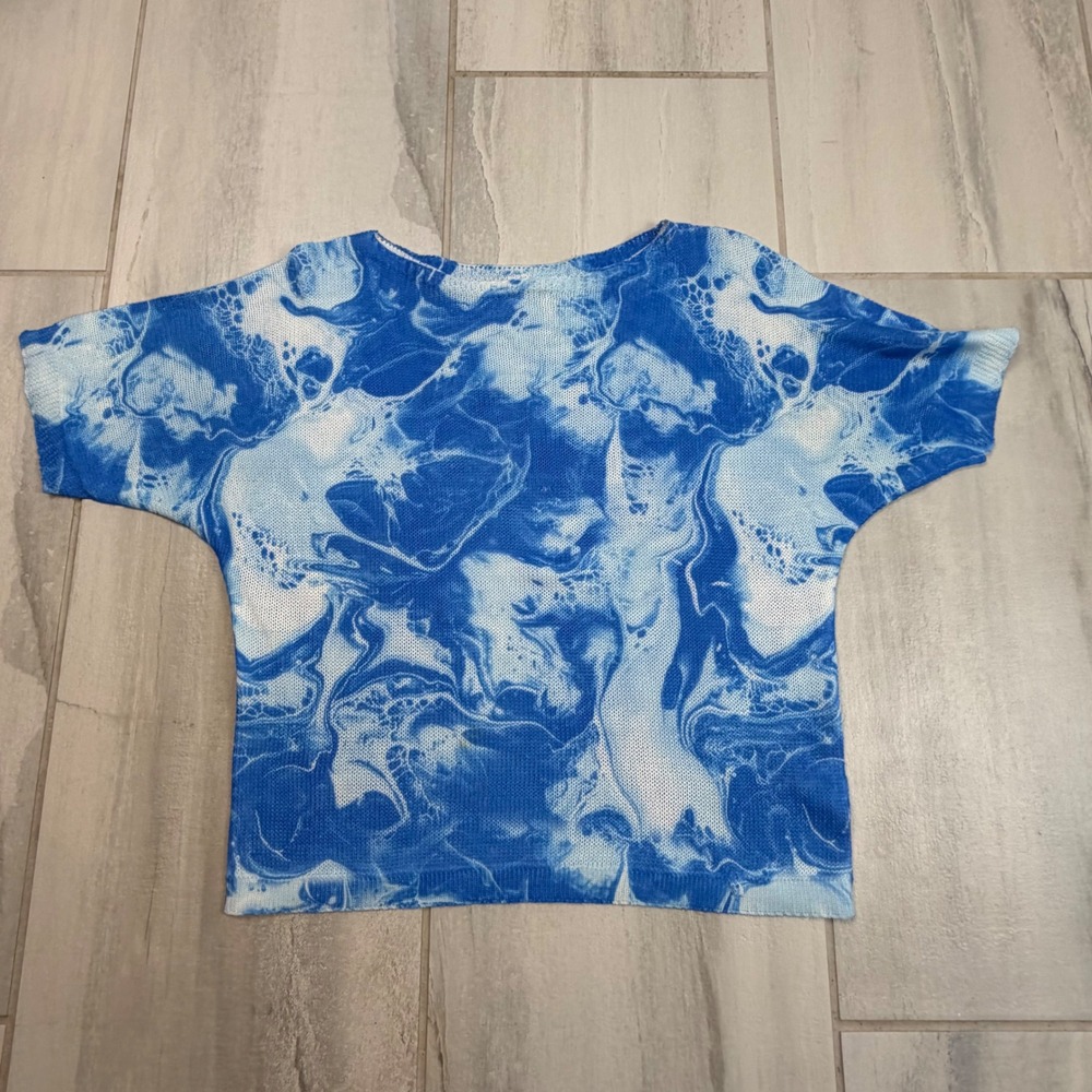 Luisa Ricci Italy Blue White Marble Swirl Knit Batwing Top Small 1752N